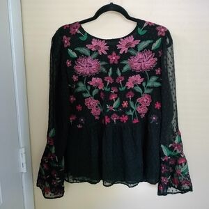 American Eagle Floral Embroidered Black Top Blouse L Wedding Whimsigoth Office